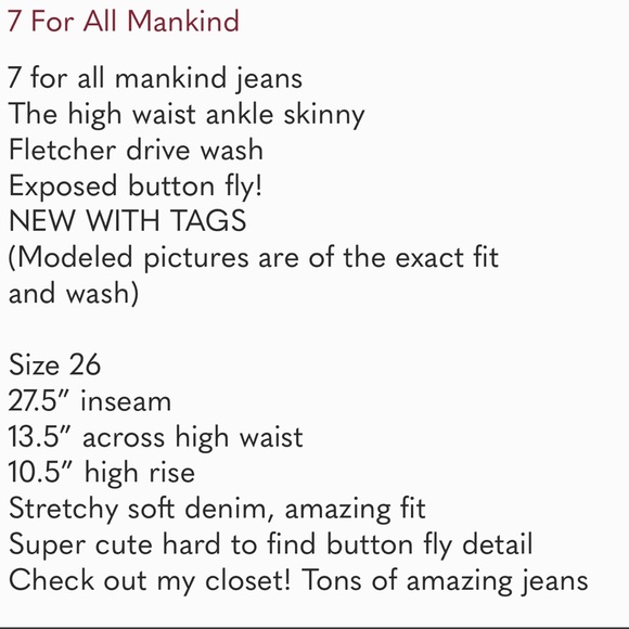 7 For All Mankind Jeans 26 High Waist Ankle Skinny Fletcher Drive! NWT! - Picture 10 of 10